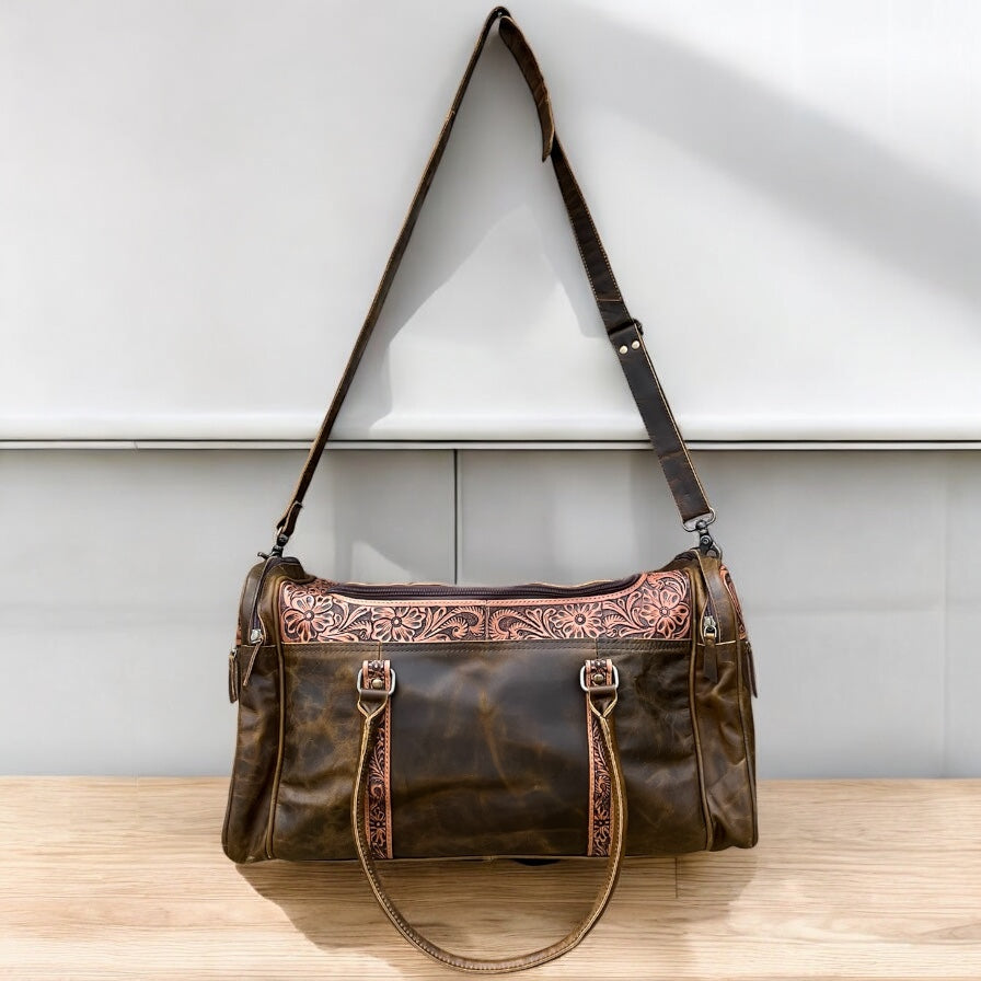 Hand tooled leather duffle bag