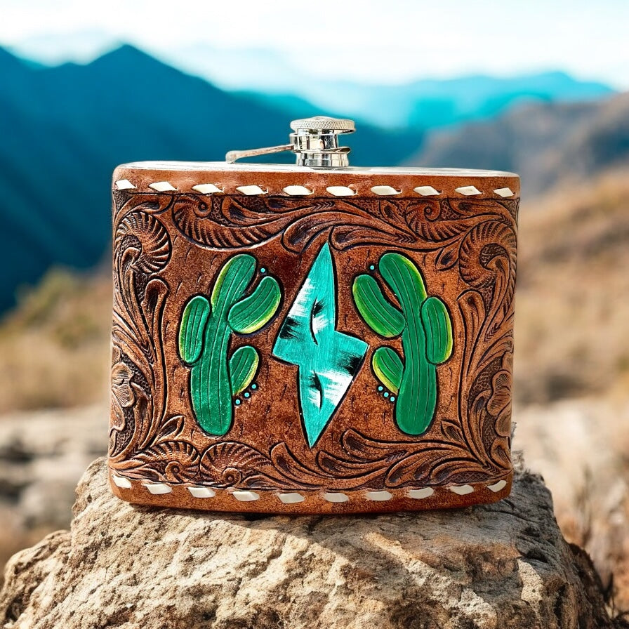 Cactus tooled leather Flasks