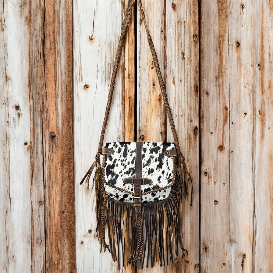 Brown cowhide fringe crossbody bag