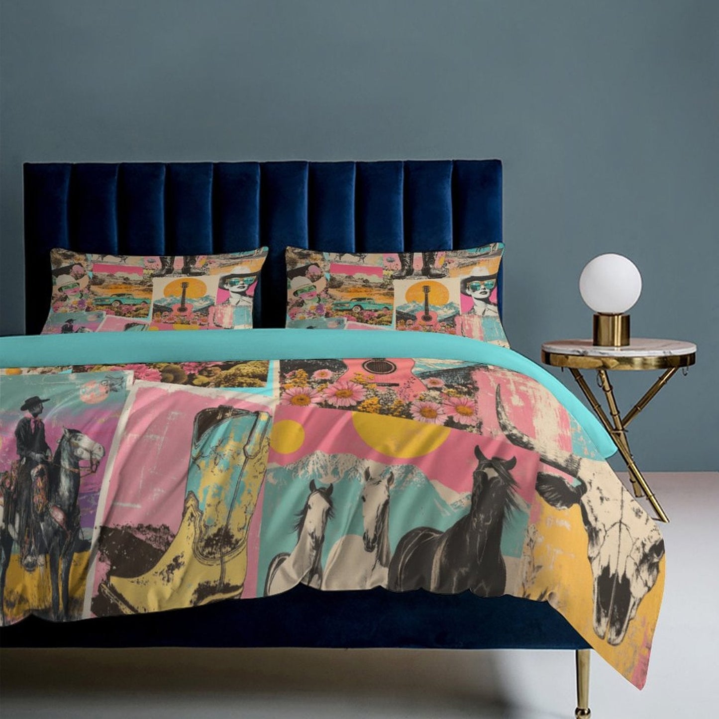 Baha Ranch Retro Pop Western 3-Piece Bedding Set (1 Duvet Cover + 2 Pillow Shams) – 102"×90"