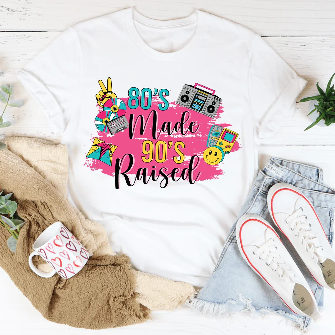 Nostalgic Retro Pop Culture Crewneck Tee – \"80's Made 90's Raised\"