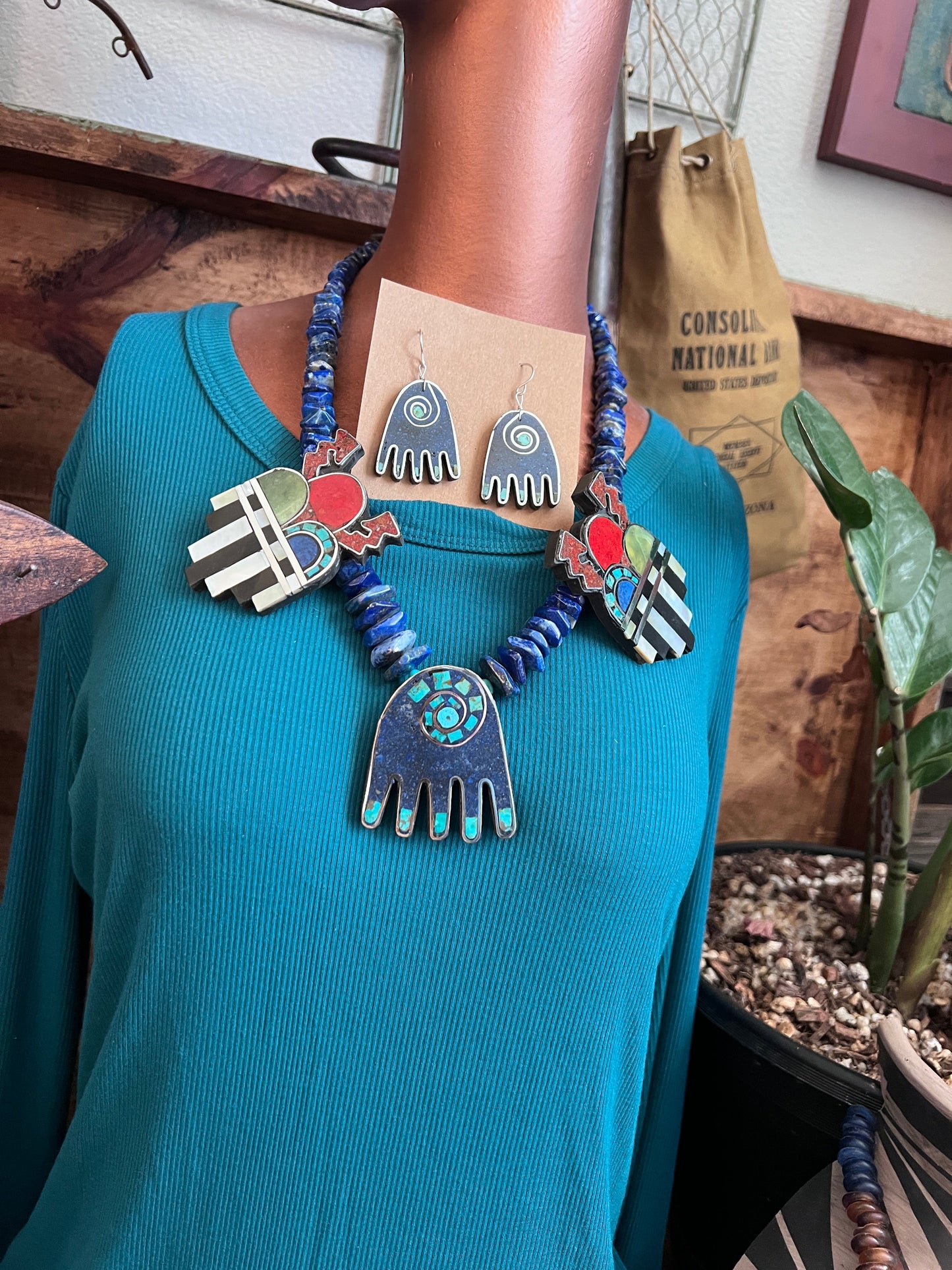 Handcrafted Multi Stone Inlay Healing Hand and Storm Cloud Necklace & Earrings by Warren Nieto
