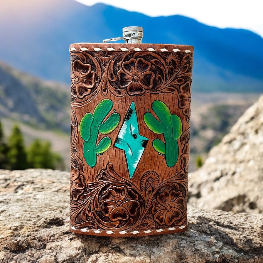 Cactus tooled leather Flasks