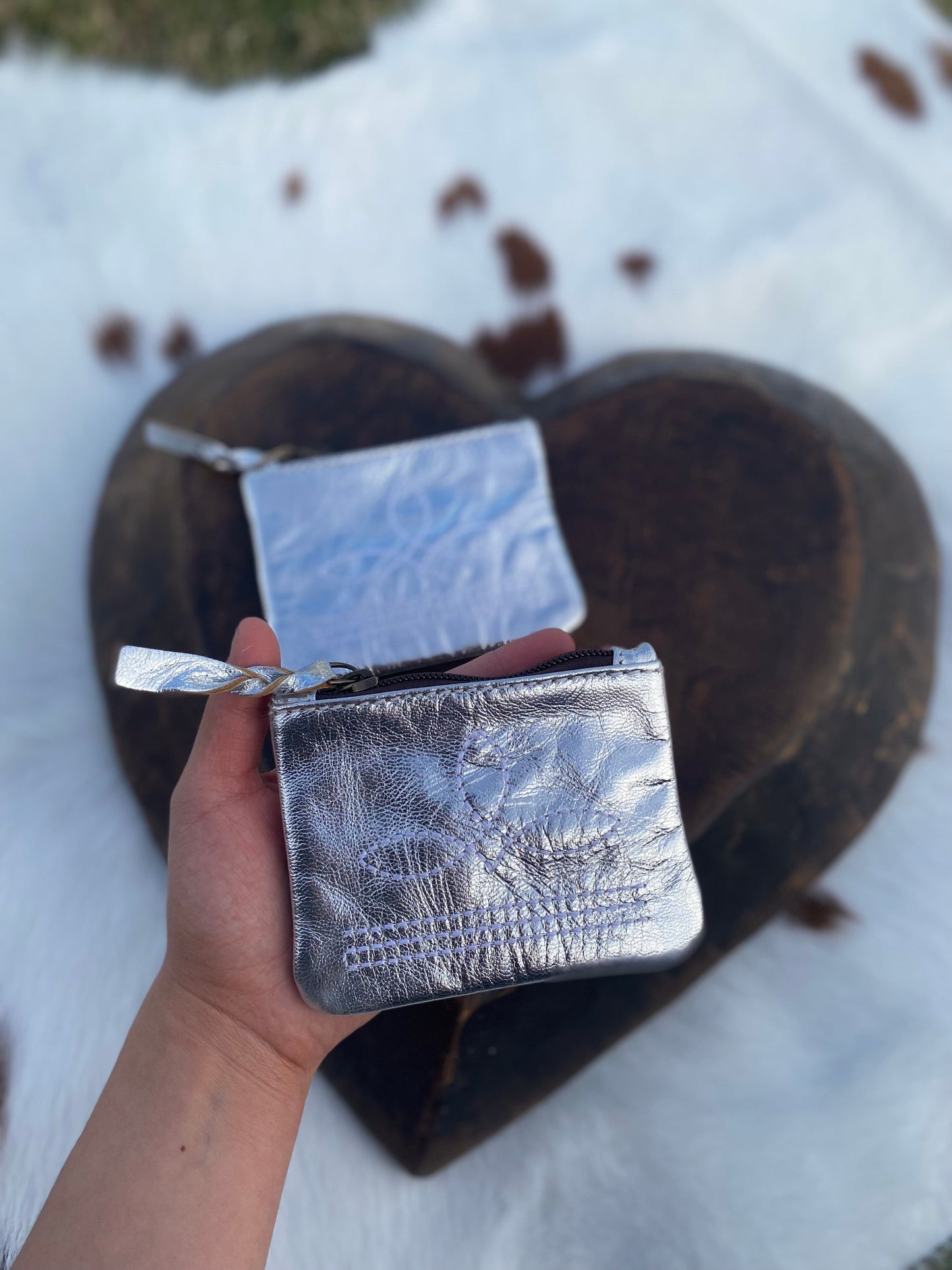 Silver Foil Leather BootStitch Coin Pouch