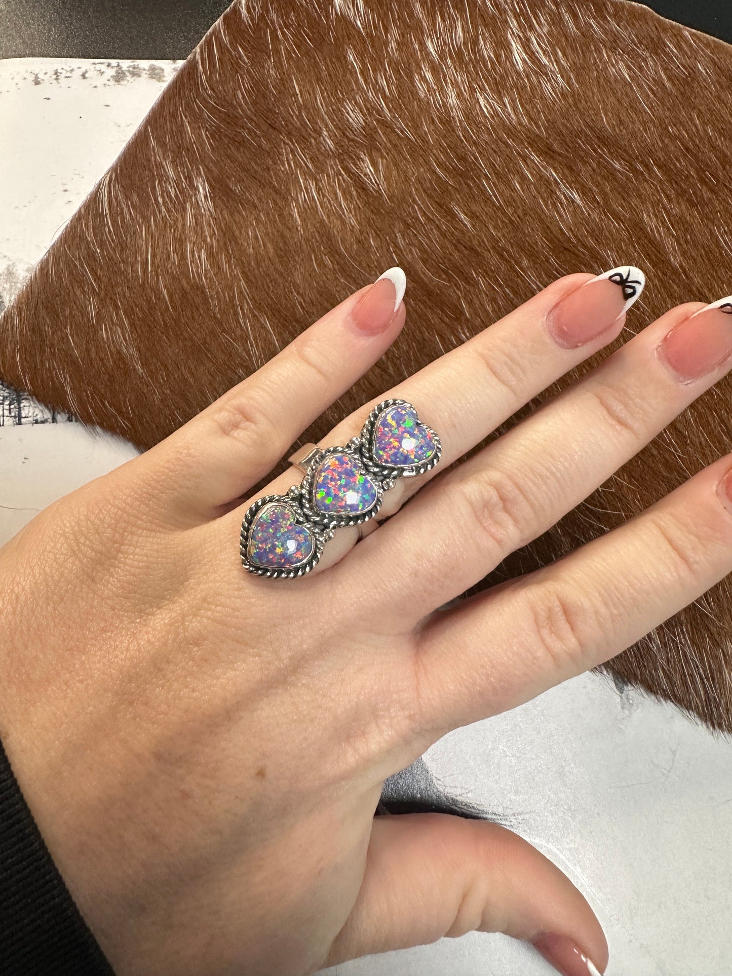 Beautiful Handmade Fire Opal And Sterling Silver Adjustable 3 Stone HEART Ring