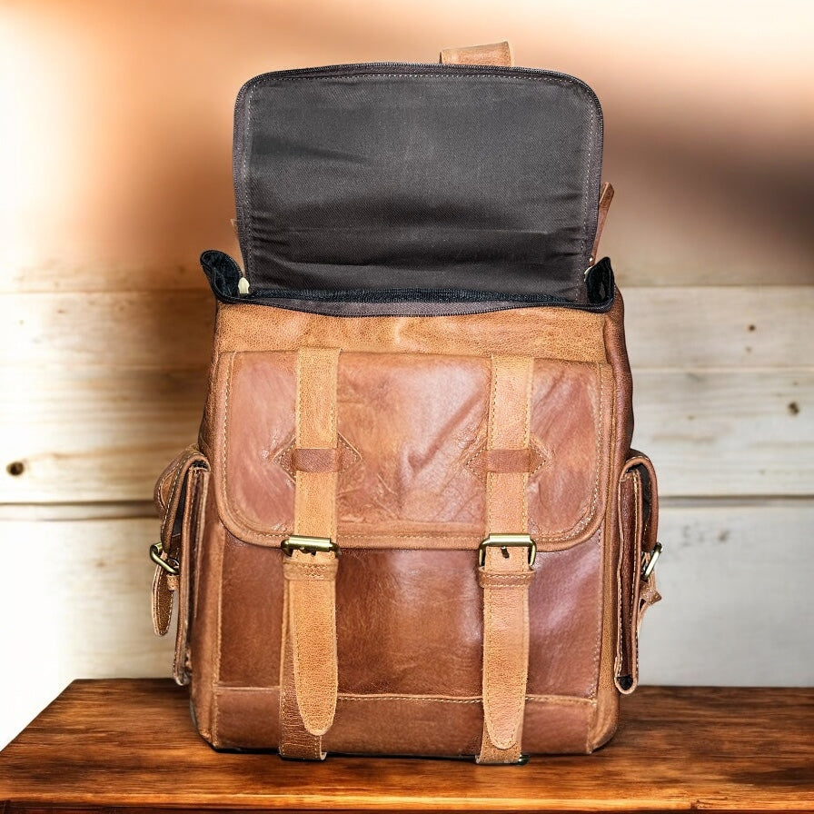 Tan rustic leather backpack