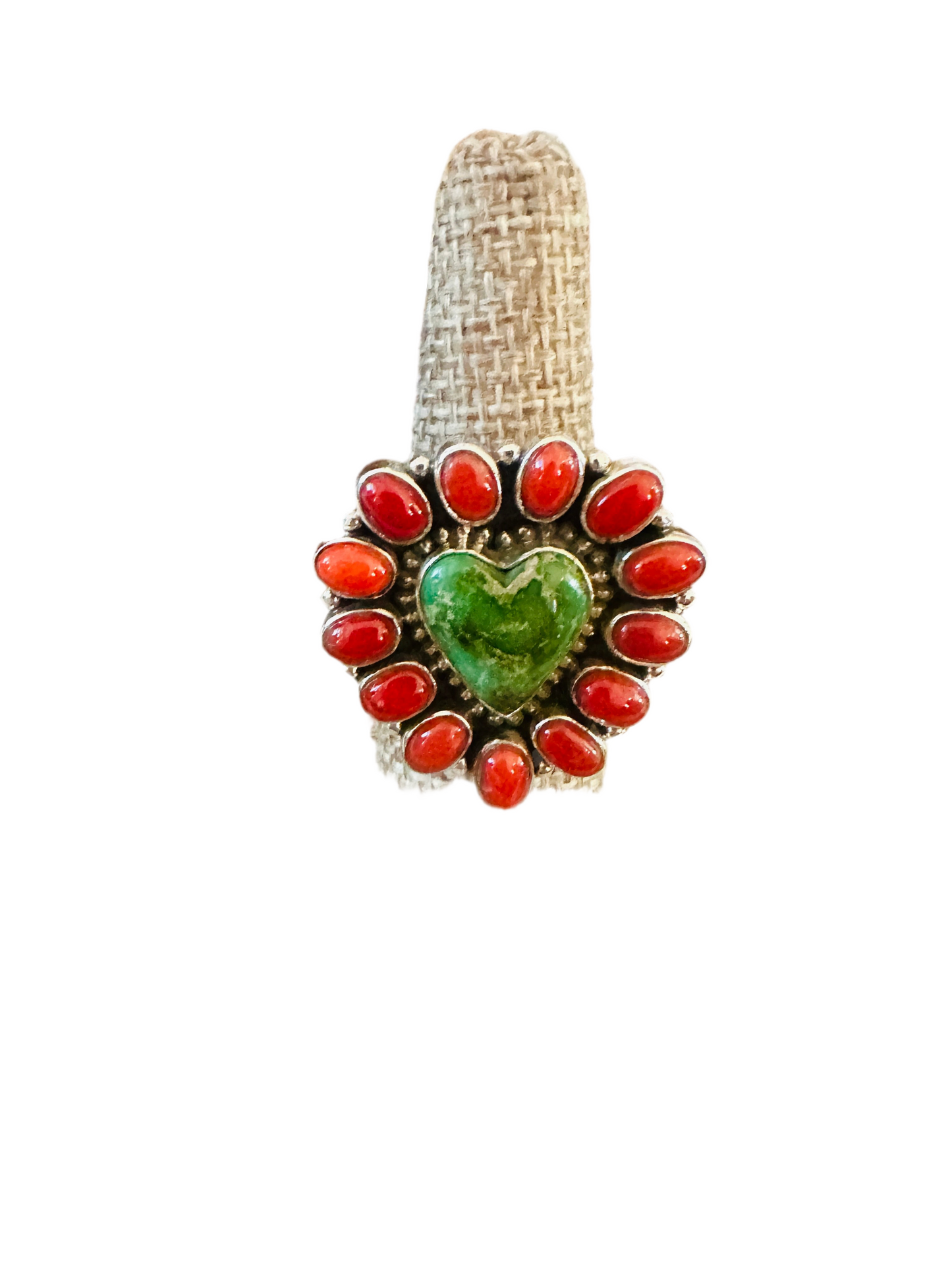 ** Christmas Collection ** Handmade Sterling Silver, Turquoise & Coral Adjustable Ring Signed Nizhoni
