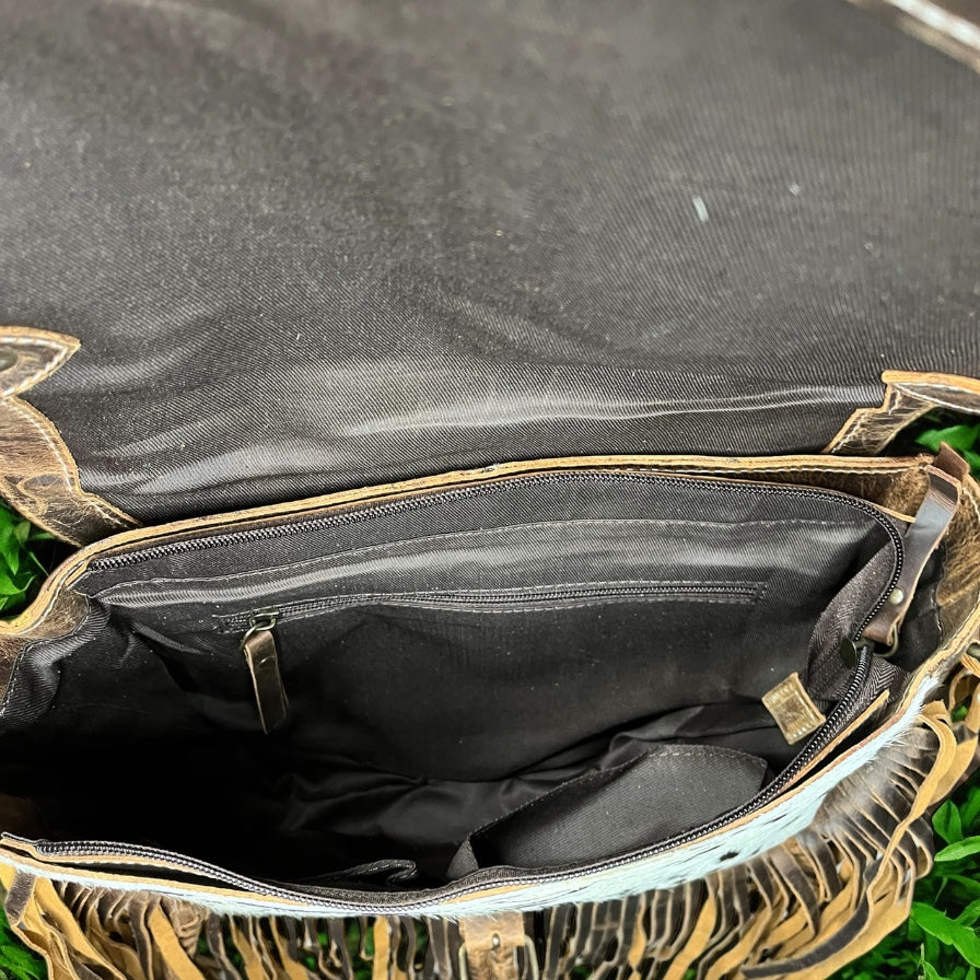 Brown cowhide fringe crossbody bag