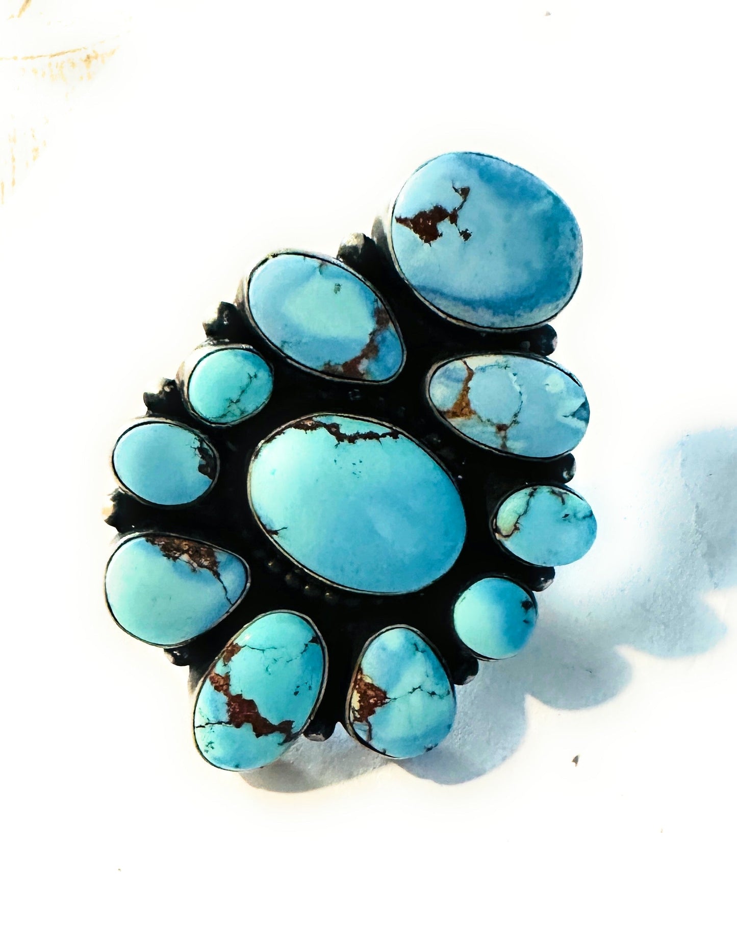Handcrafted Golden Hills Turquoise & Sterling Silver Cluster Ring Size 8.25 by B. Yellowhorse