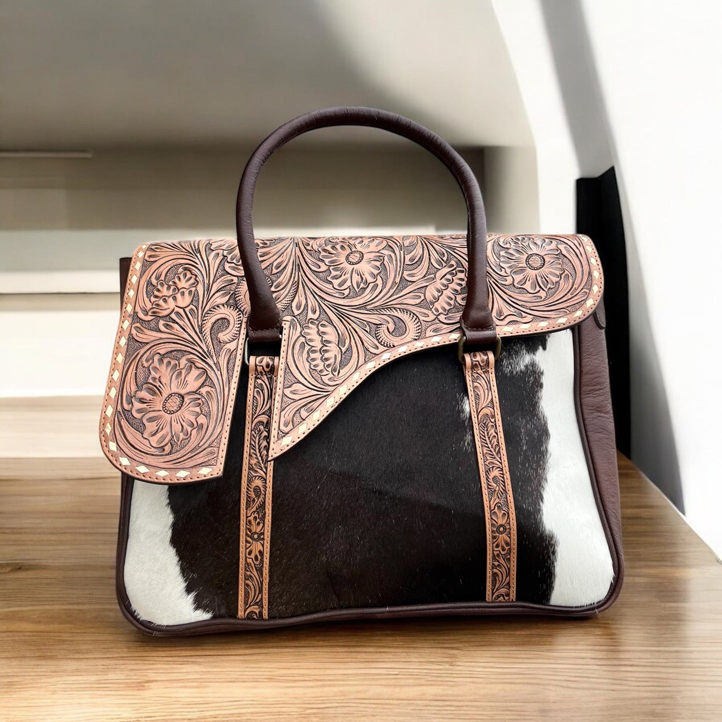 Tooled leather & cowhide carry shoulder bag
