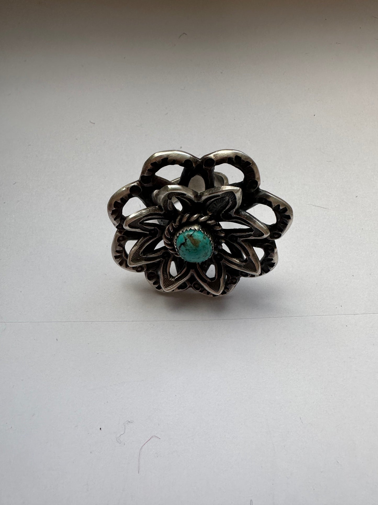 Gorgeous Handcrafted Turquoise And Sterling Silver Adjustable Flower Ring Signed K Billah