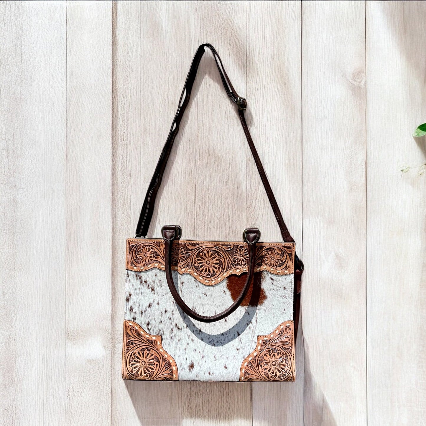 Tan cowhide & tooled leather Crossbody purse