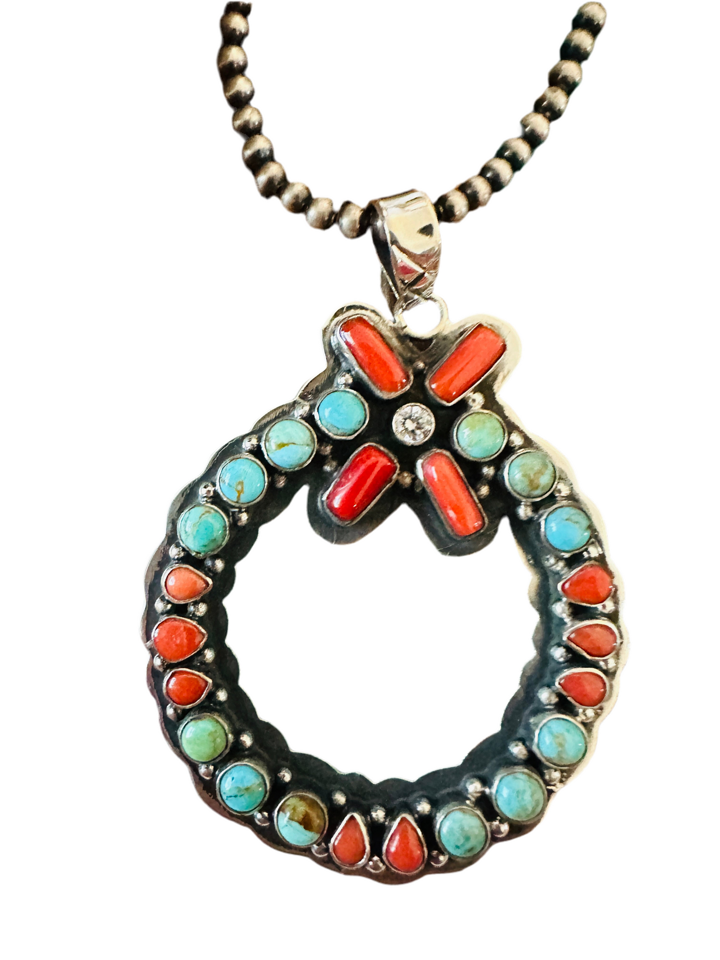 ** Christmas Collection ** Handmade Sterling Silver, Turquoise, Coral & CZ Wreath Pendant Signed Nizhoni