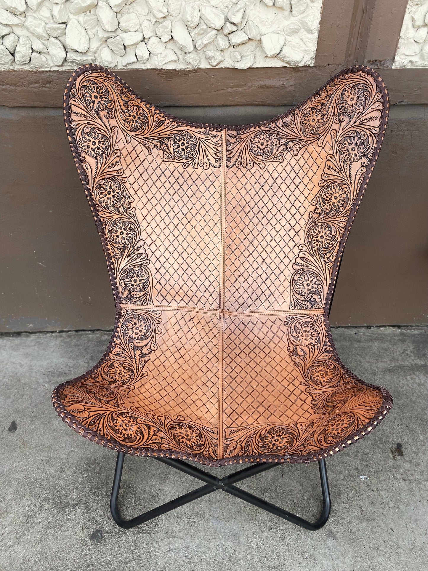 Tan Tooled Leather Butterfly Chair