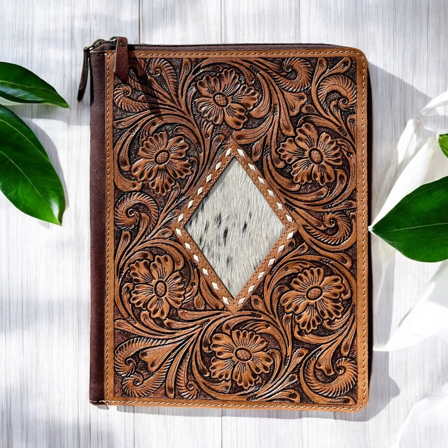 Dimond tooled leather & cowhide folder