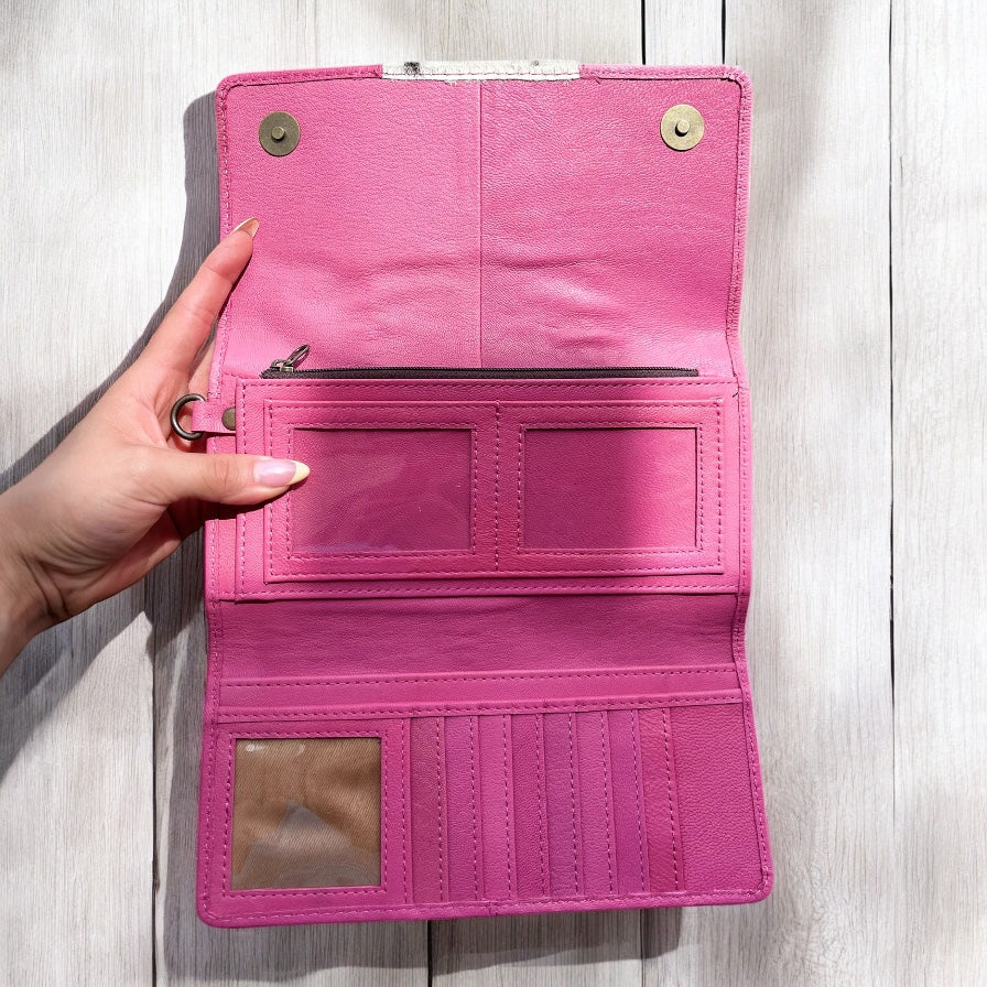 Pink cowhide wristlet