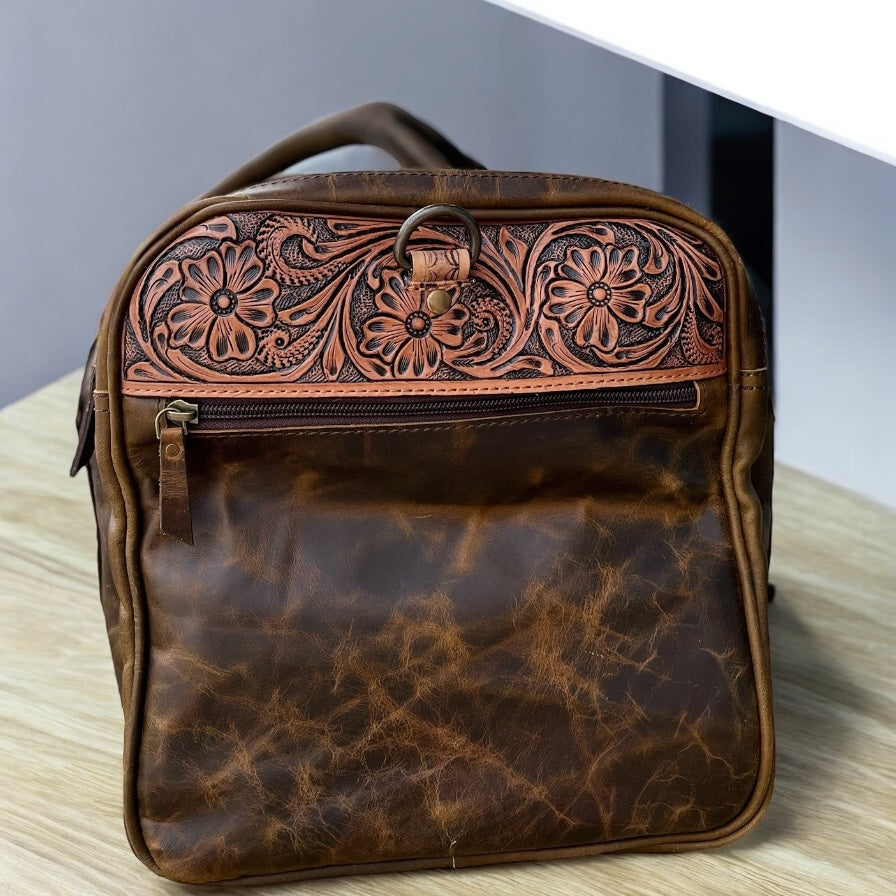 Hand tooled leather duffle bag