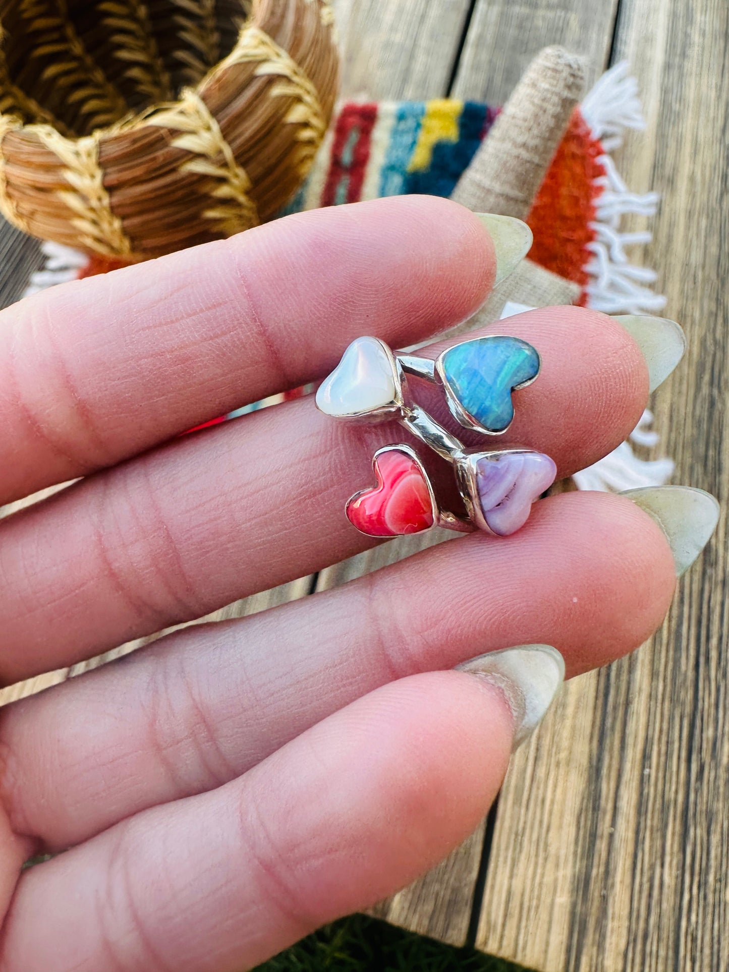 Handcrafted 4 Heart Multi Stone Ring Size 8