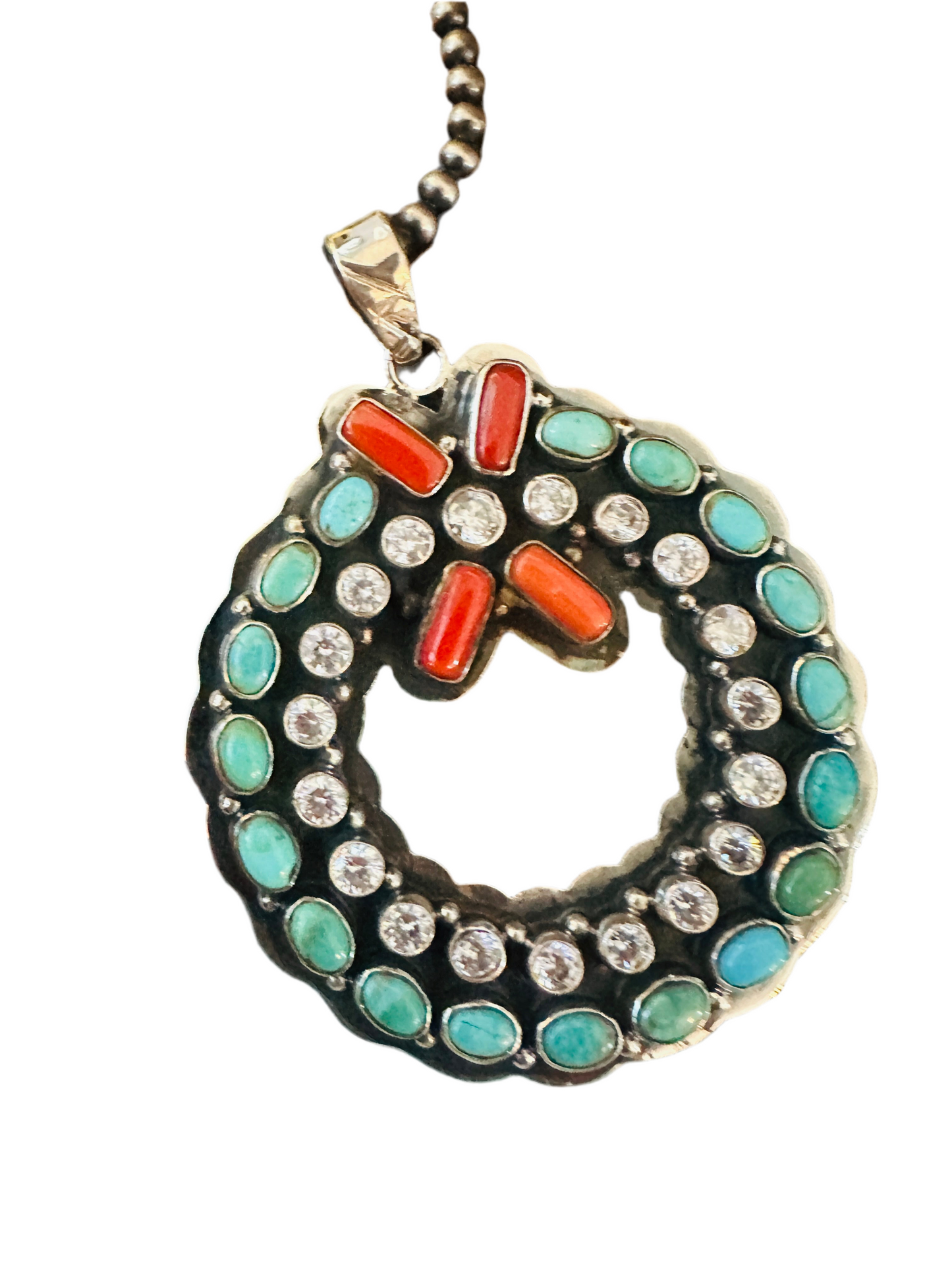 ** Christmas Collection ** Handmade Sterling Silver, Turquoise, Coral & CZ Wreath Pendant Signed Nizhoni