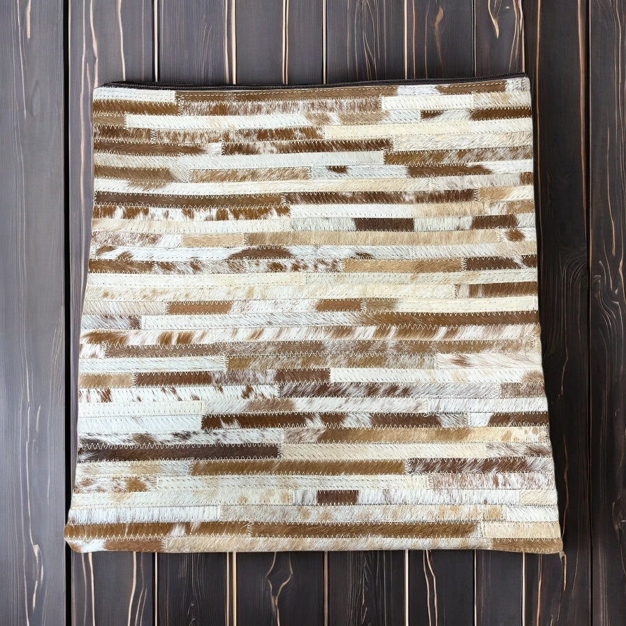 Tan patchwork cowhide pillow 16”