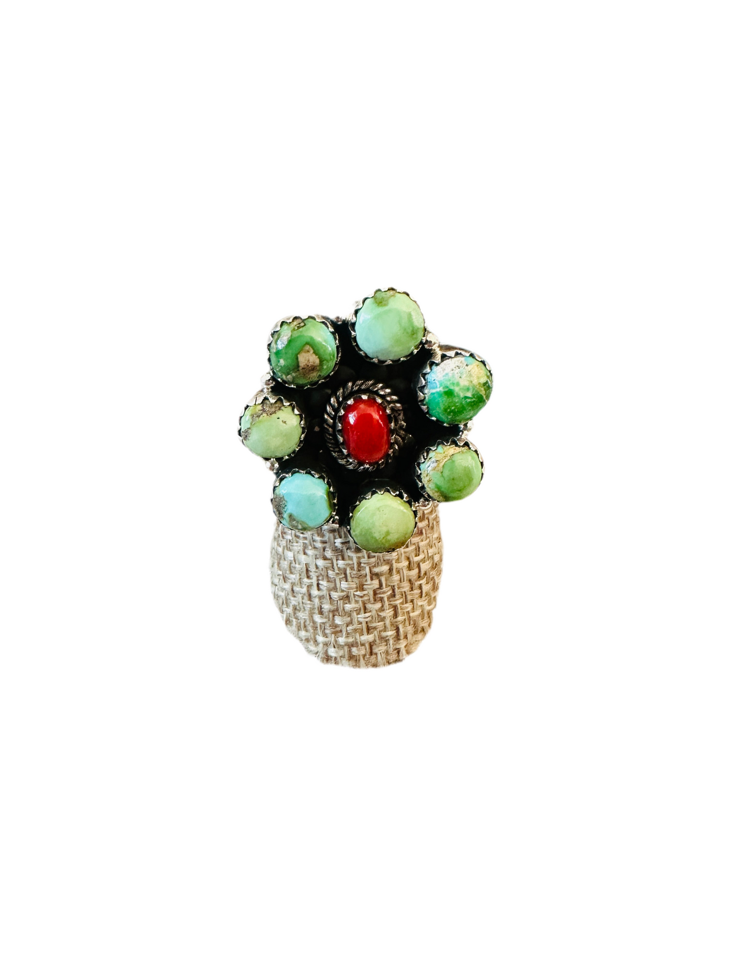 ** Christmas Collection ** Handmade Sterling Silver, Turquoise & Coral Adjustable Ring Signed Nizhoni