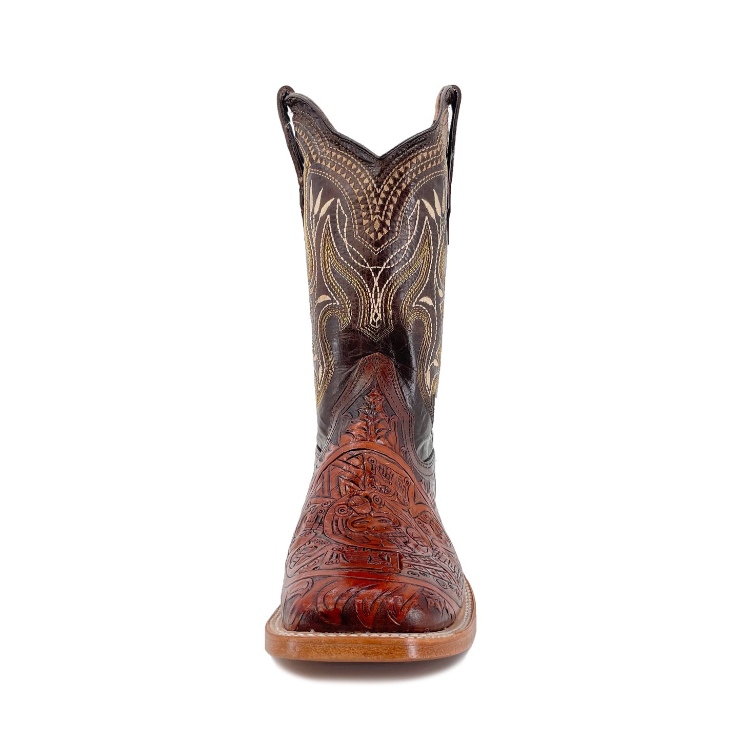 Men's Bulldog Hand Tooled Boots - Aztec Calendar Bitone