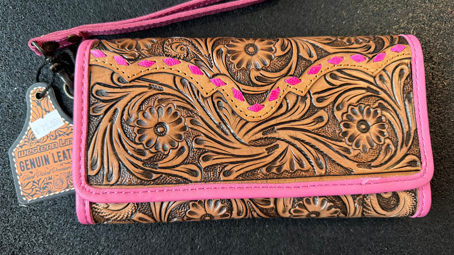 Genuine Leather Hand-tooled Pink Wallet