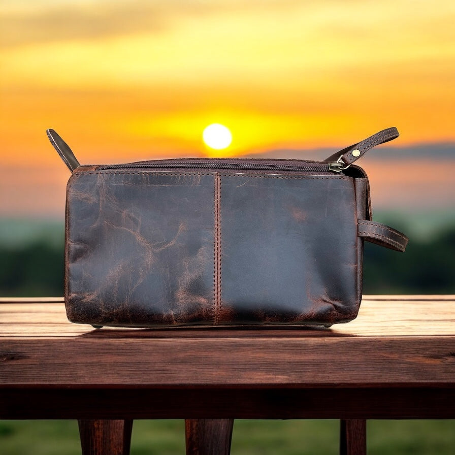 Double zipper rust leather toiletry bag