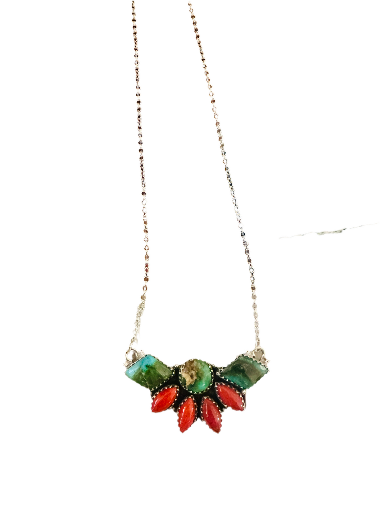** Christmas Collection ** Handmade Sterling Silver, Turquoise & Coral Necklace Signed Nizhoni