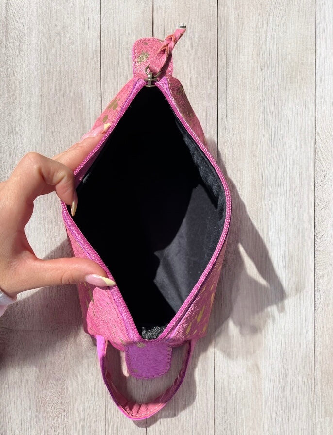 Hot pink cowhide acid wash toiletry bag
