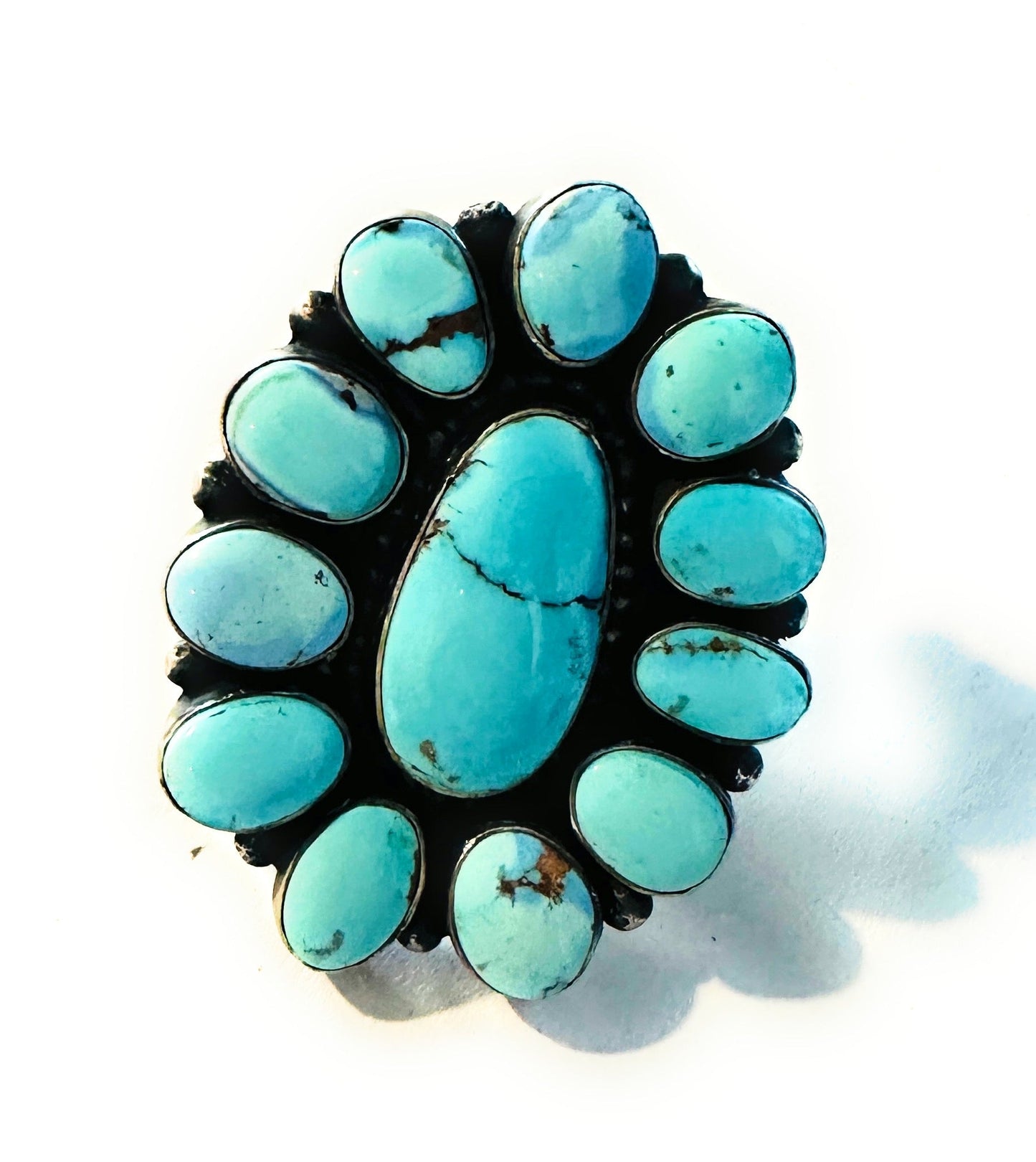 Handcrafted Golden Hills Turquoise & Sterling Silver Cluster Ring by Blaine Yellowhorse, Size 7