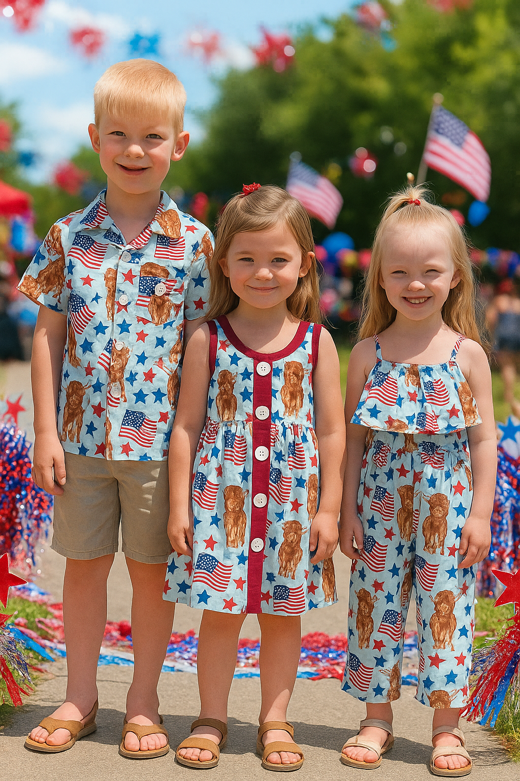 Highland Cow 4th of July Outfits for Kids β Dress, Button Down Shirt & Romper | Western Matching Sibling Set | Patriotic Cowboy ClothesOf July Kids