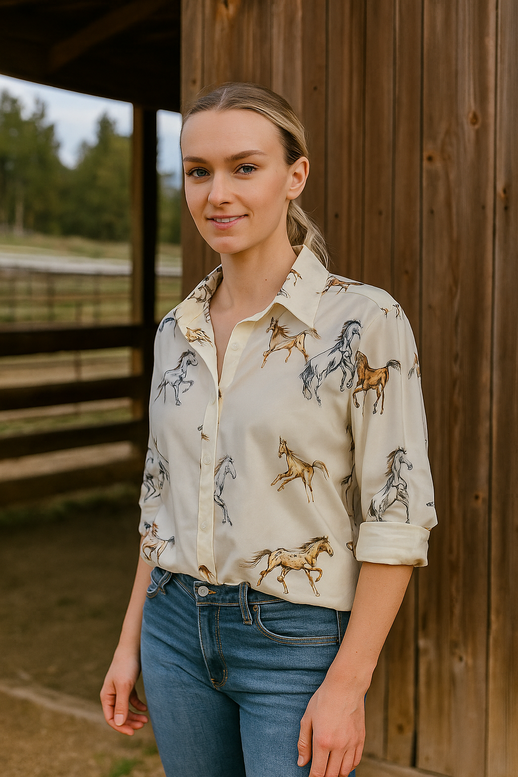 Women's Horse Shirt, Wild Horse Western Blouse, Cowgirl Button-Up Top, Rodeo Outfit, Country Concert Shirt, Western Cowgirl Clothing