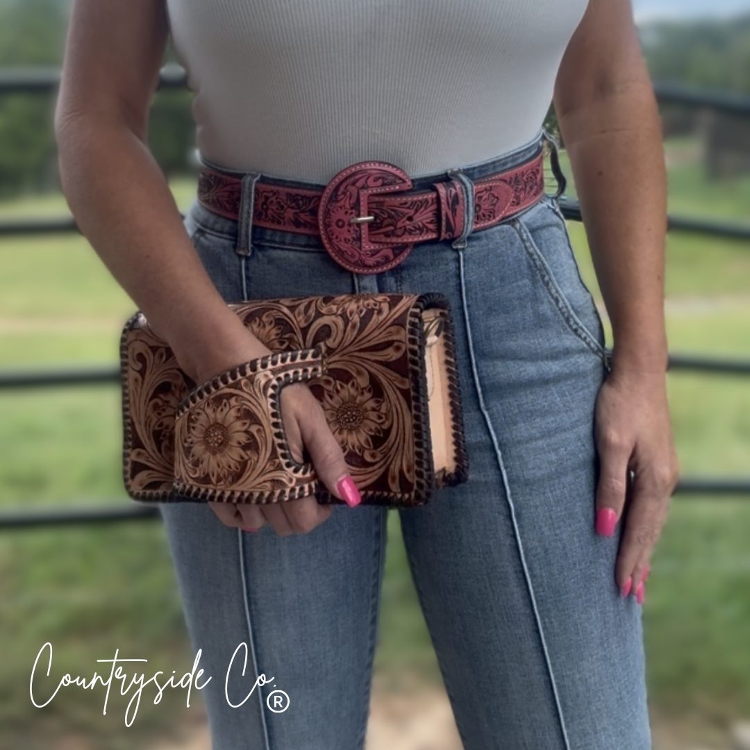 Countryside Charm Tooled Leather Clutch, Purse