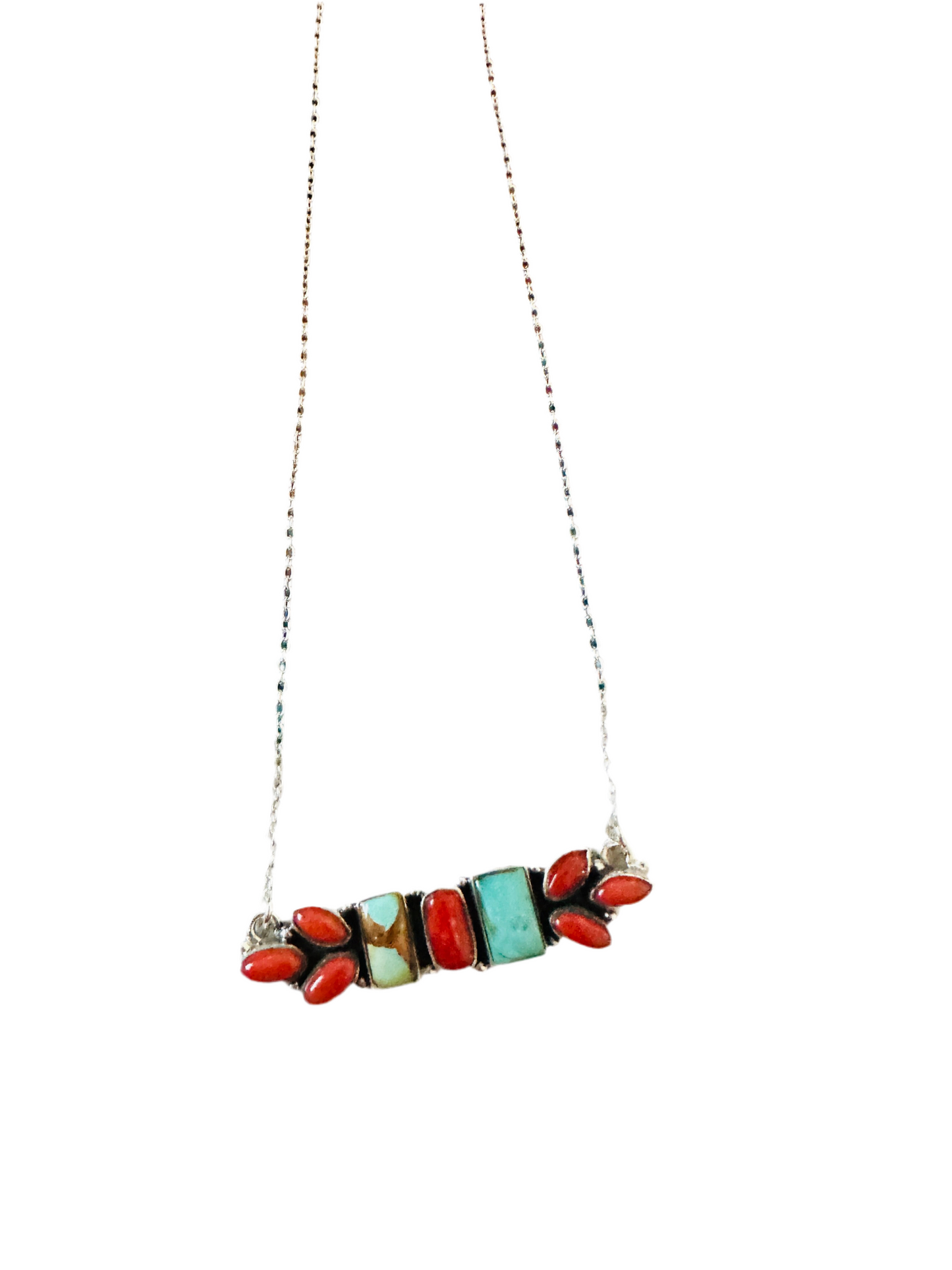 ** Christmas Collection ** Handmade Sterling Silver, Turquoise & Coral Necklace Signed Nizhoni