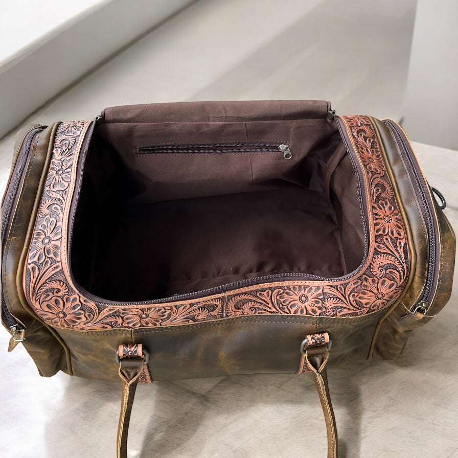 Hand tooled leather duffle bag