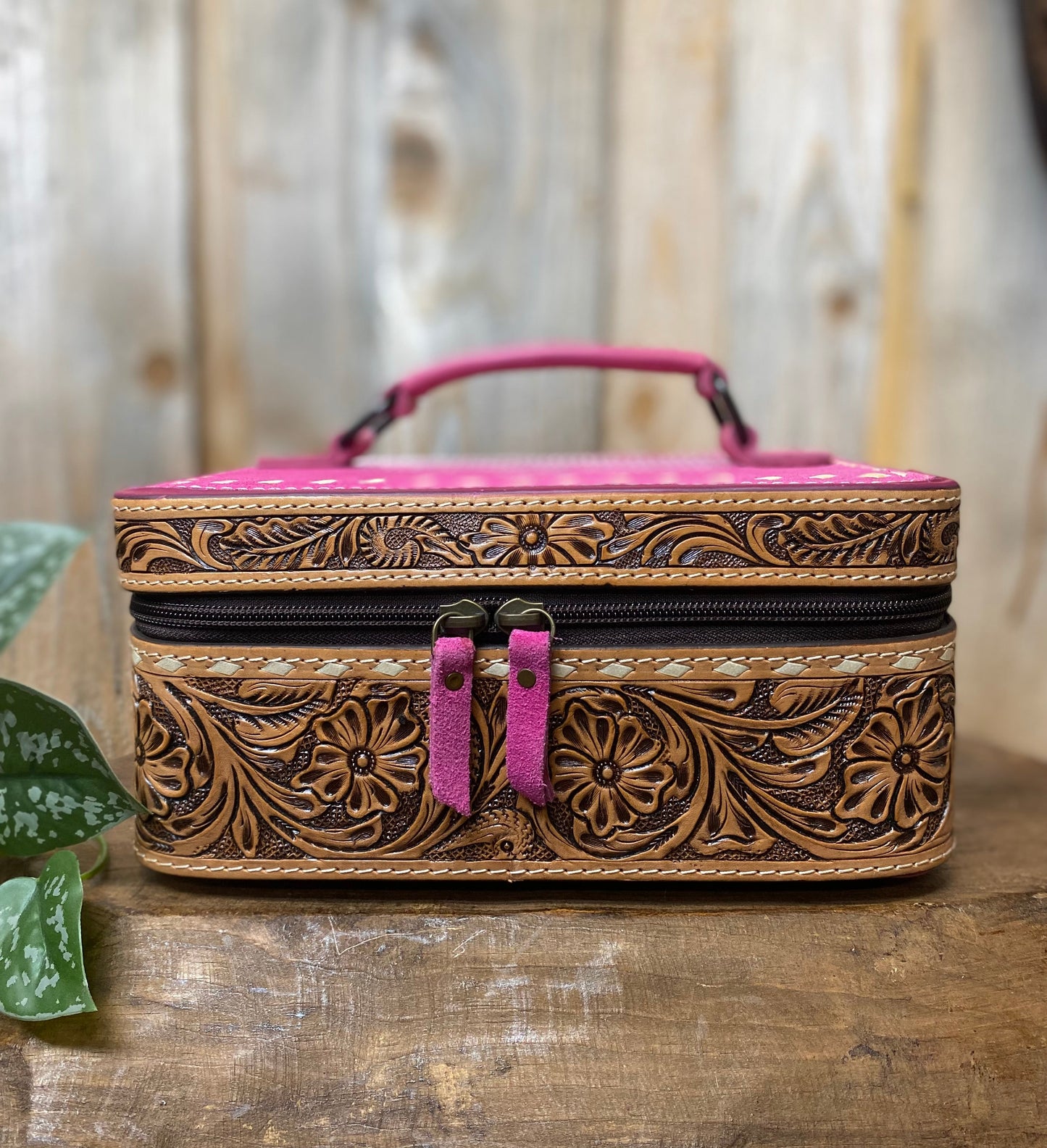 Pink BootStitch Suede Leather & Tooled Jewelry Box
