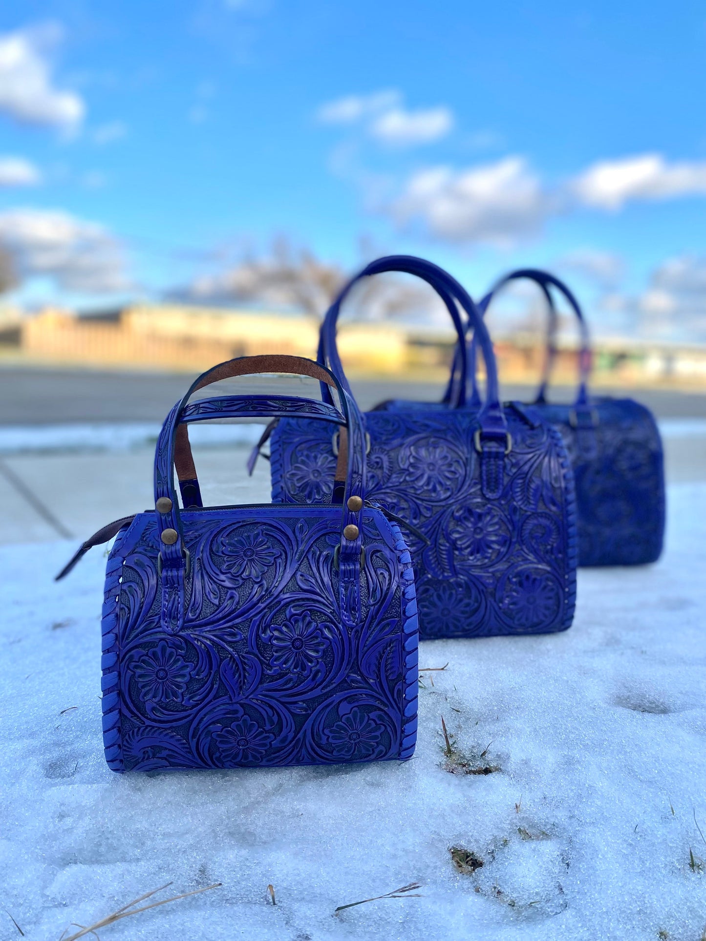 Large Purple Floral Tooled Leather Speedy Duffle Bag