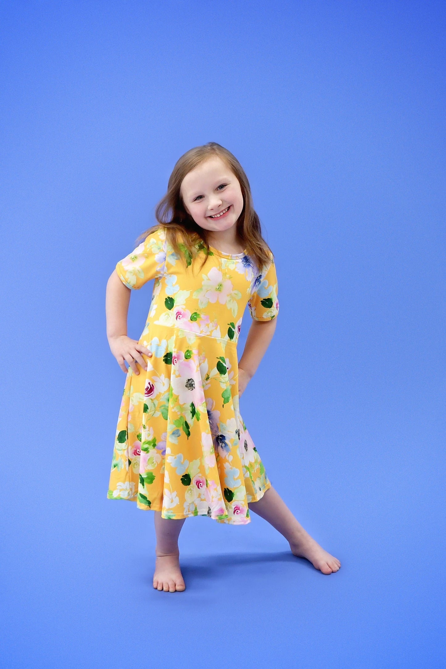 Yellow Floral Short Sleeve Milk Silk Twirl Dress