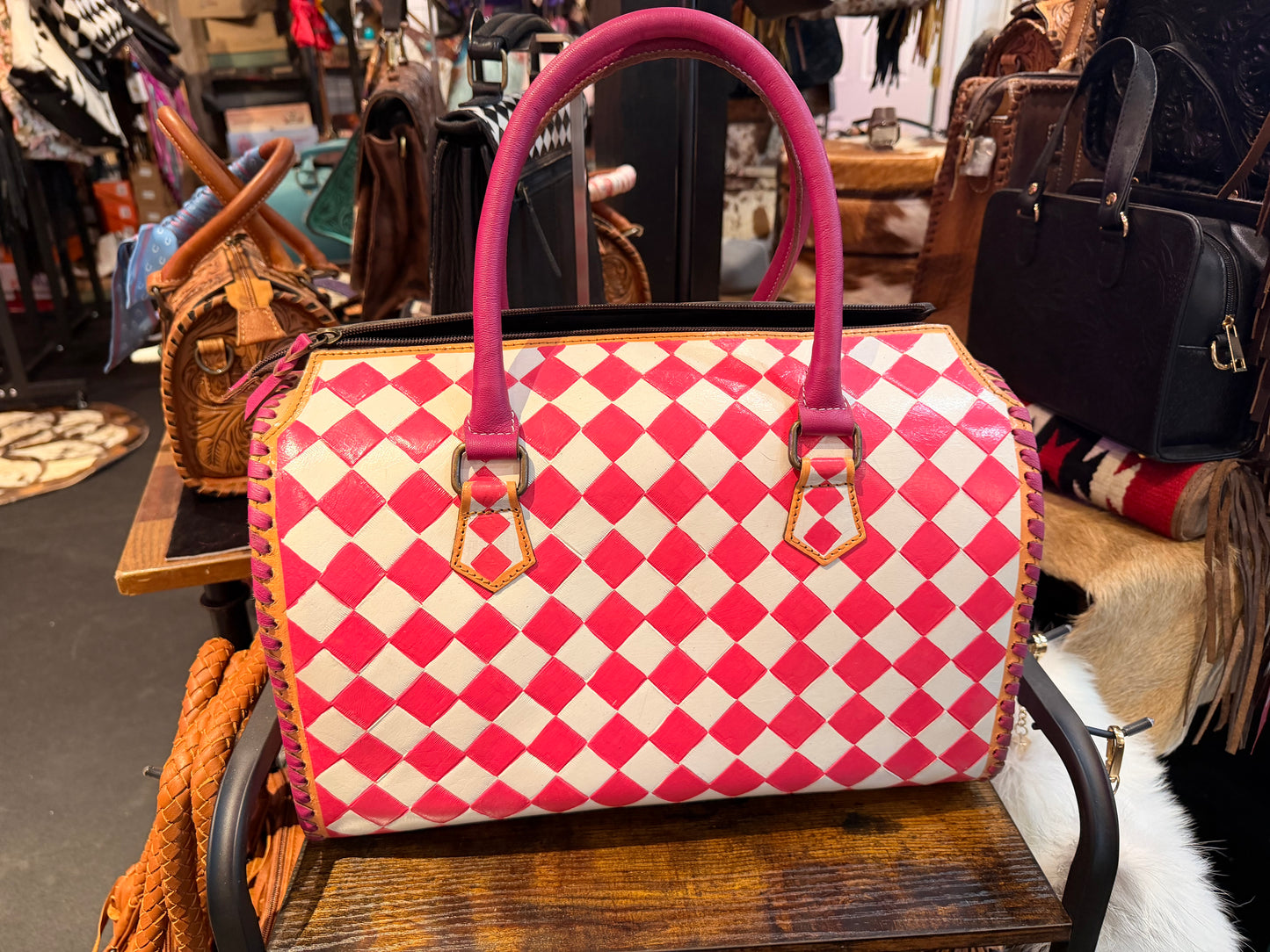 Large Pink and White Checkered Speedy - Genuine Leather Hand Painted