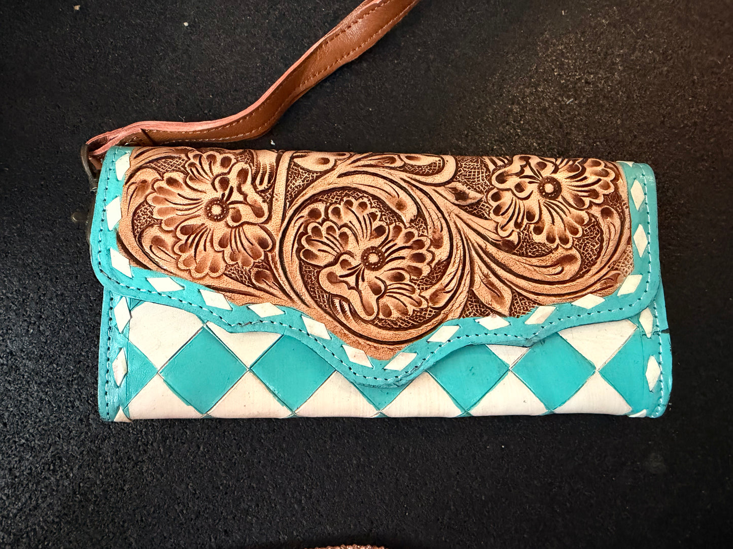 Genuine Leather Hand Tooled Turquoise Checkered Wallet