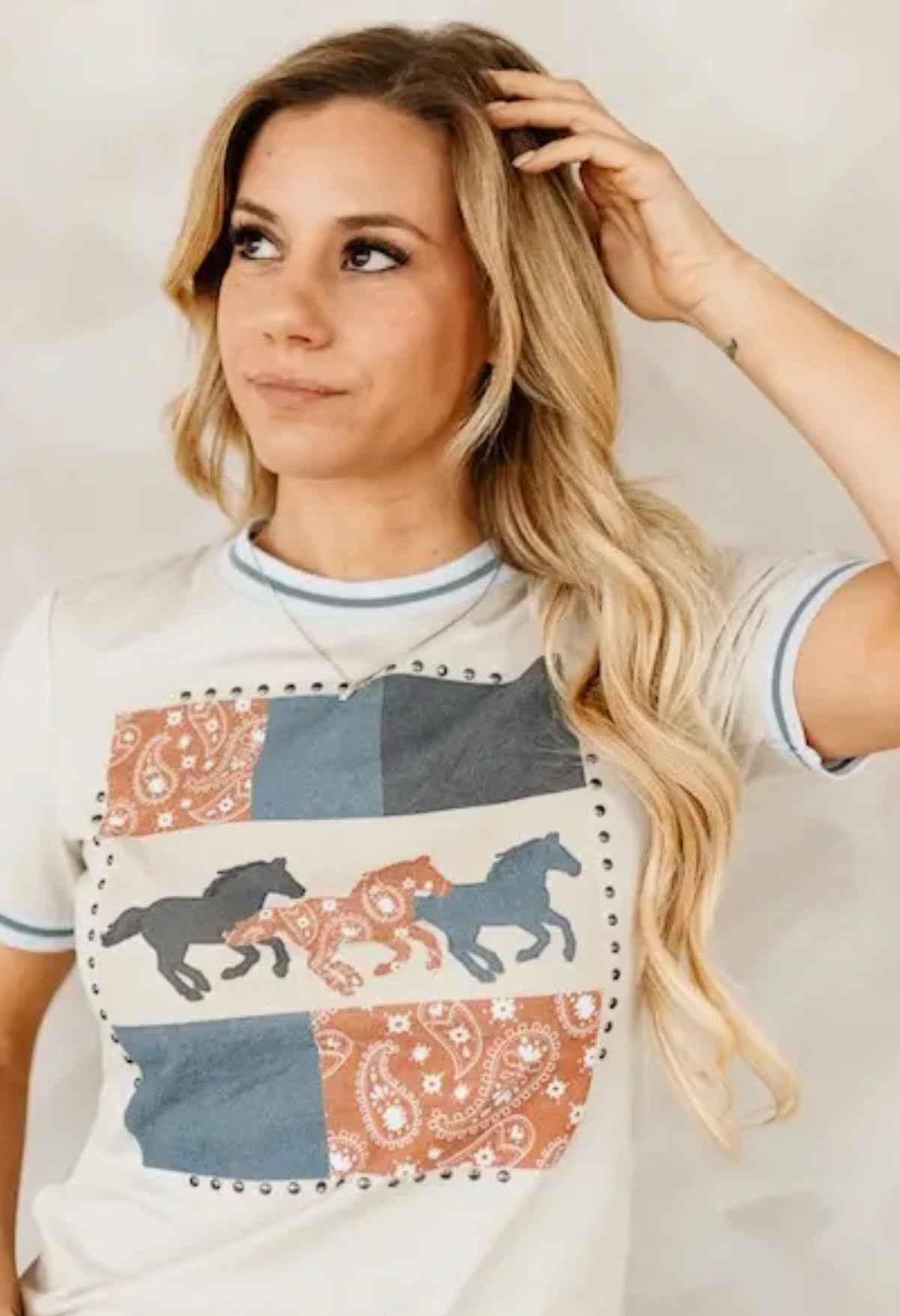 Lucky & Blessed Beige Running Horse Printed Contrast Hem Short Sleeve Top Plus Size
