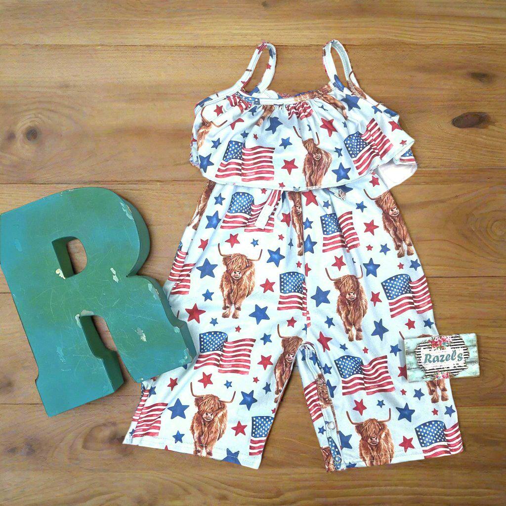 Highland Cow 4th of July Outfits for Kids β Dress, Button Down Shirt & Romper | Western Matching Sibling Set | Patriotic Cowboy ClothesOf July Kids