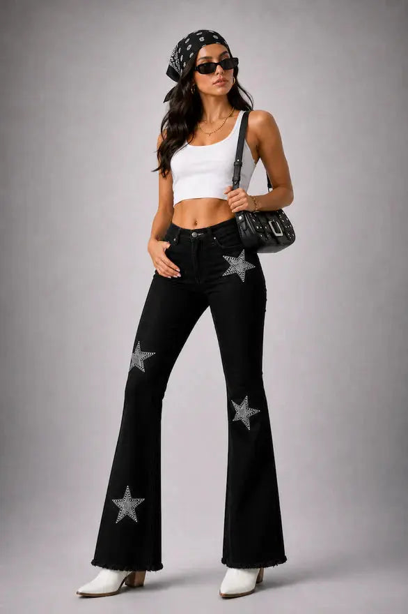 Black Denim Star Rhinestone Bell Bottom Jeans -32” Inseam