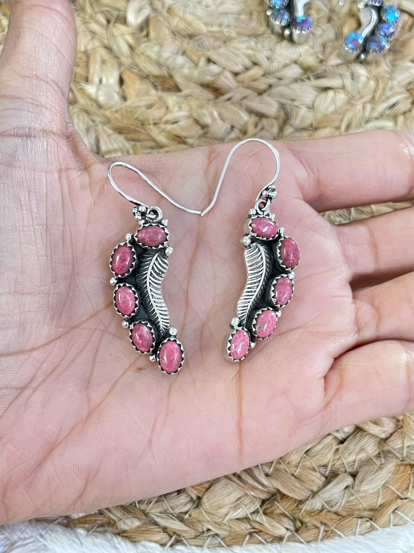Handmade Sterling Silver Purple Kingman Mojave, Orange Mojave, Thulite, Kingman, Wild Horse Dangle Earrings with Signed Nizhoni