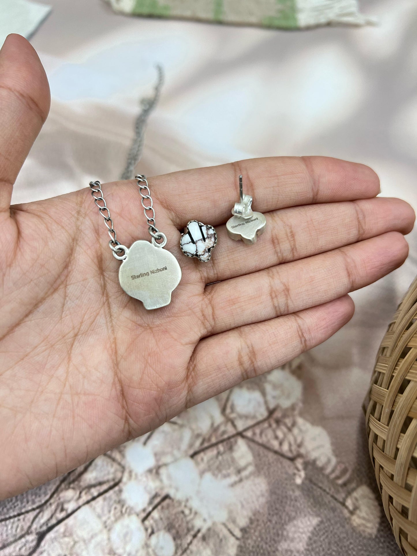 Handmade Sterling Silver Wild Horse Saguaro Necklace Earrings Set with Signed Nizhoni