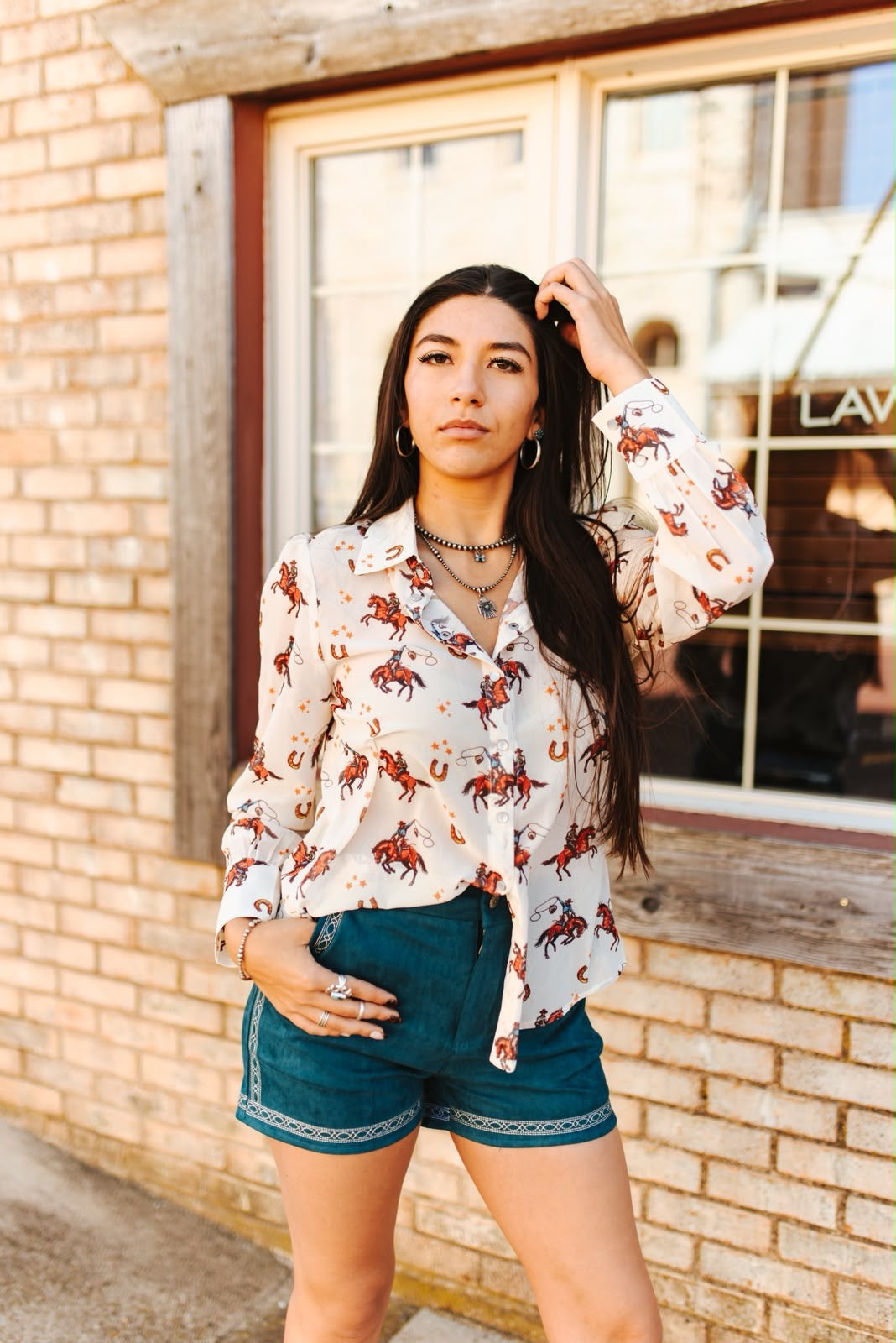Lucky & Blessed CREAM HORSE CHIFFON BUTTON DOWN PEARL SNAP LONG SLEEVE COLLARED SHIRT PLUS SIZE
