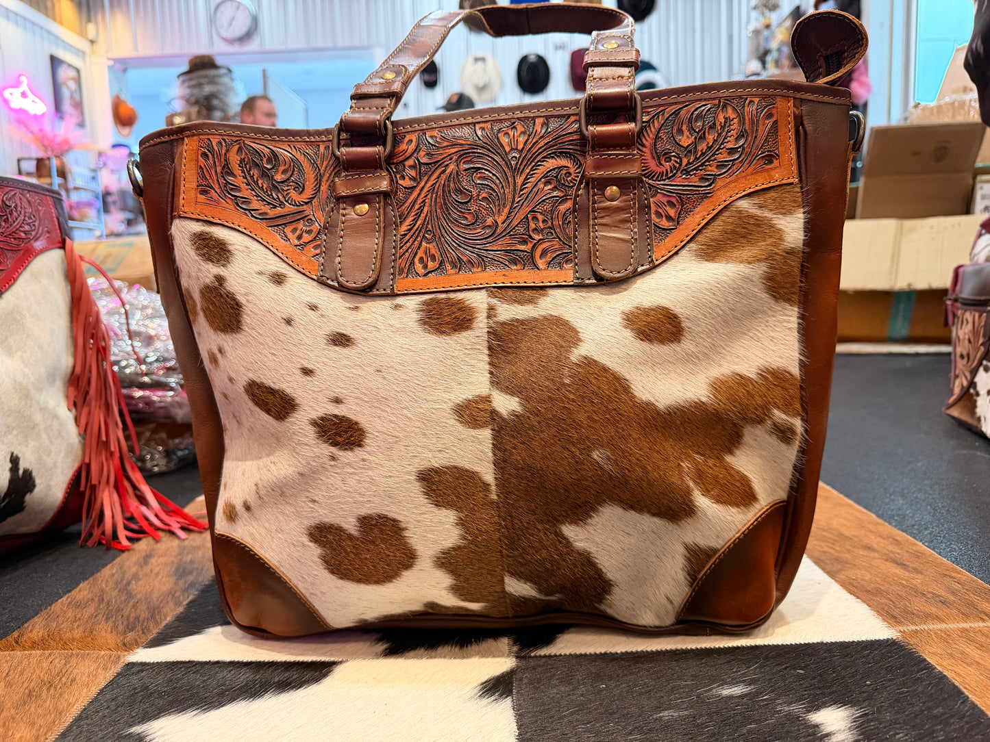 Handcrafted Western cowhide and tooled leather fringe tote bag (Brown)