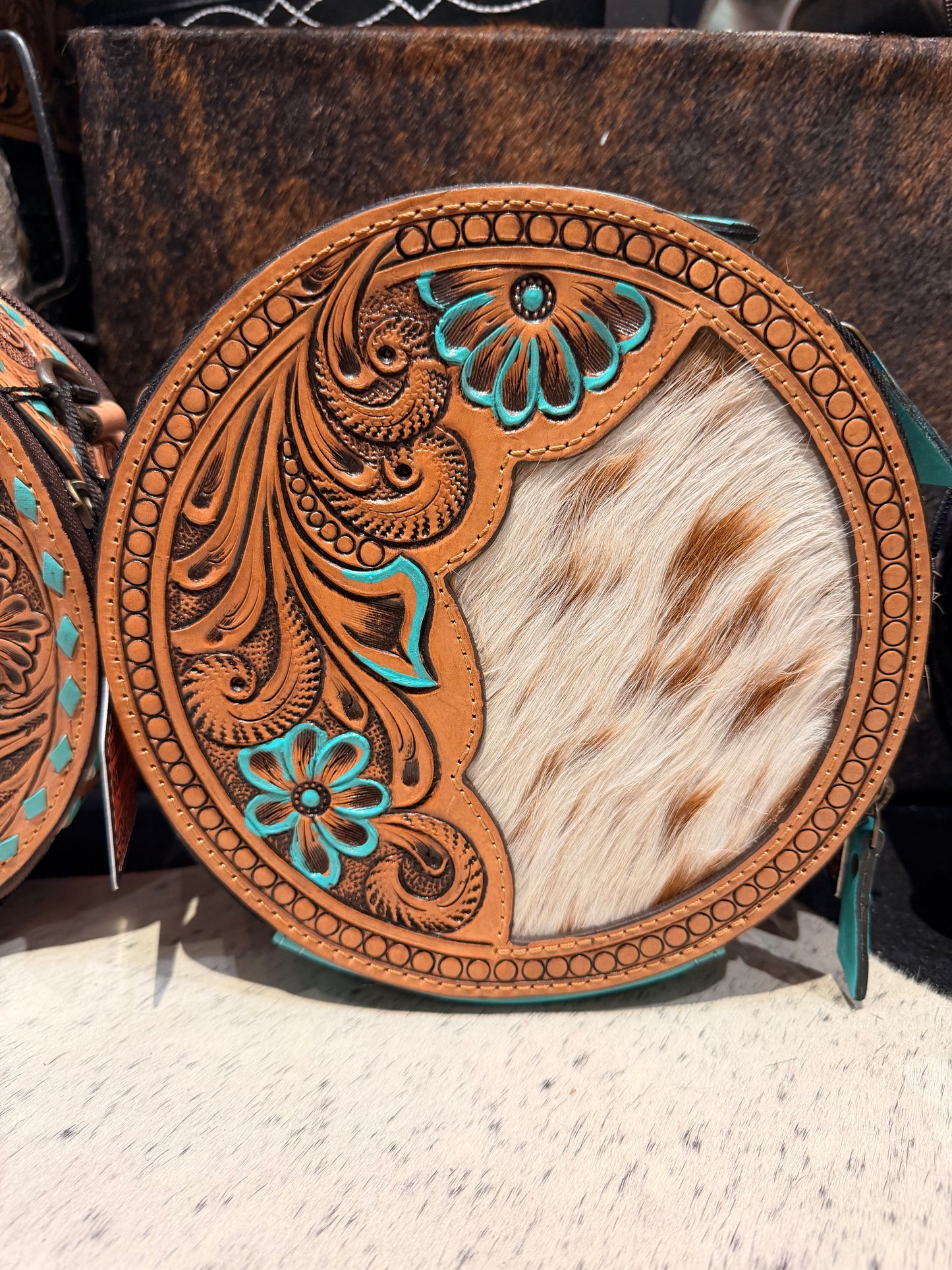 Genuine leather hand tooled canteen purse with cowhide