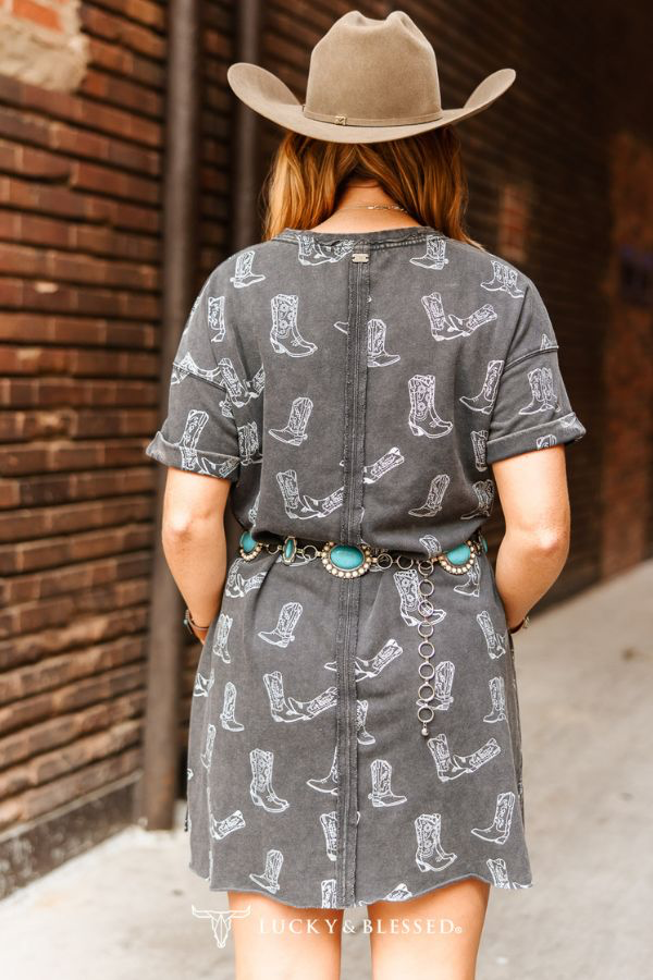 Lucky & Blessed GREY CHARCOAL MINERAL WASHED WESTERN BOOTS PRINTED DRESS PLUS SIZE